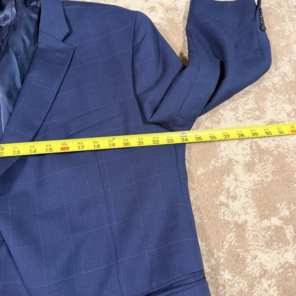 Ralph Lauren 2 PC Suit Men's 48R Blue Wool  Windowpane Plaid 42x29 Business